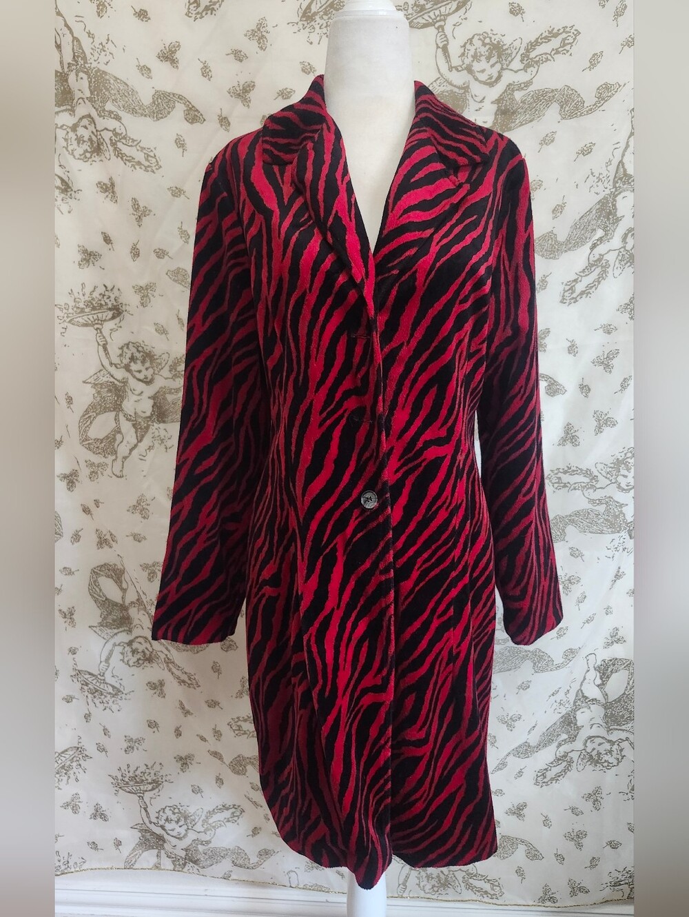 Vintage Red and Black Zebra-Print Long Trench Goth Maximalist Coat S